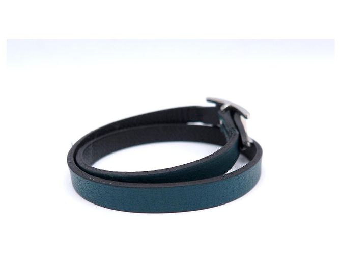 Hermès BRACELET HERMES BEHAPI DOUBLE TOUR EN CUIR SWIFT BLEU EPSOM NOIR T16 BANGLE - vue 15