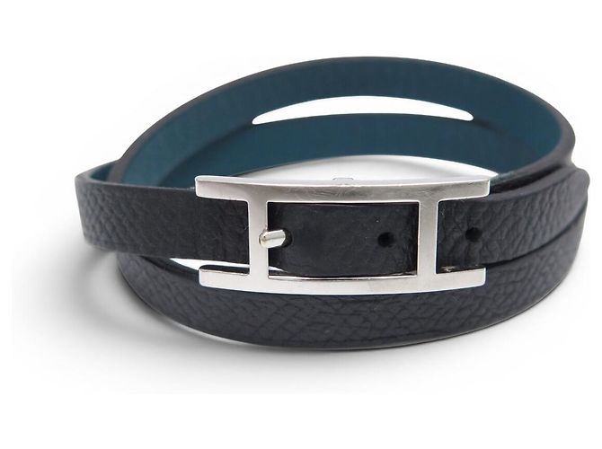 Hermès BRACELET HERMES BEHAPI DOUBLE TOUR EN CUIR SWIFT BLEU EPSOM NOIR T16 BANGLE - vue 2