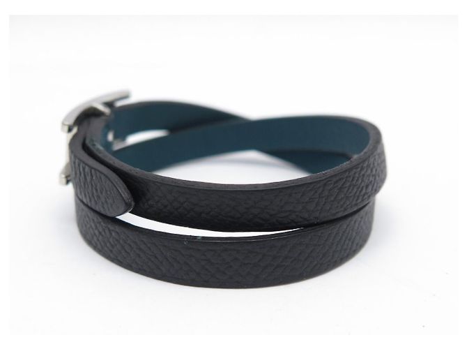 Hermès BRACELET HERMES BEHAPI DOUBLE TOUR EN CUIR SWIFT BLEU EPSOM NOIR T16 BANGLE - vue 3