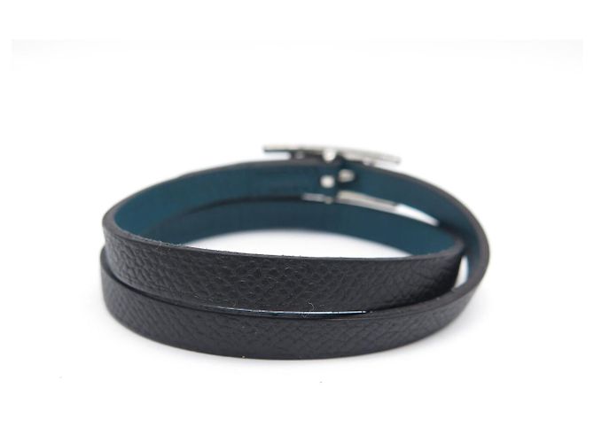 Hermès BRACELET HERMES BEHAPI DOUBLE TOUR EN CUIR SWIFT BLEU EPSOM NOIR T16 BANGLE - vue 4