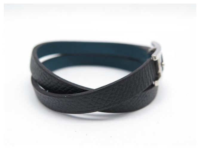 Hermès BRACELET HERMES BEHAPI DOUBLE TOUR EN CUIR SWIFT BLEU EPSOM NOIR T16 BANGLE - vue 5