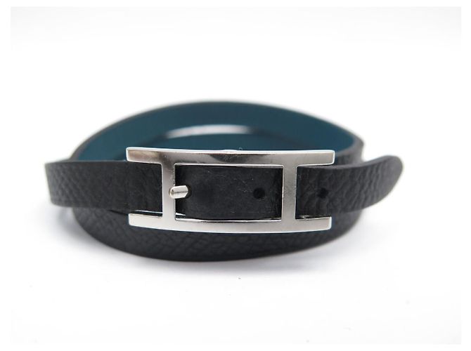 Hermès BRACELET HERMES BEHAPI DOUBLE TOUR EN CUIR SWIFT BLEU EPSOM NOIR T16 BANGLE - vue 6