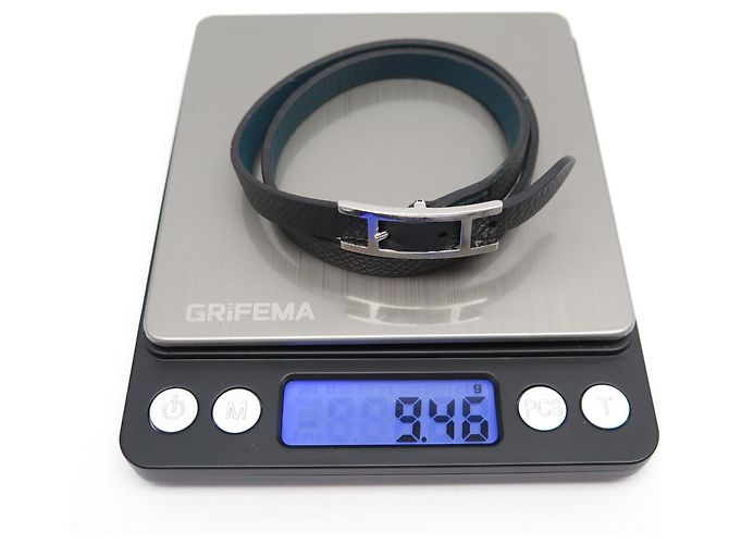 Hermès BRACELET HERMES BEHAPI DOUBLE TOUR EN CUIR SWIFT BLEU EPSOM NOIR T16 BANGLE - vue 7