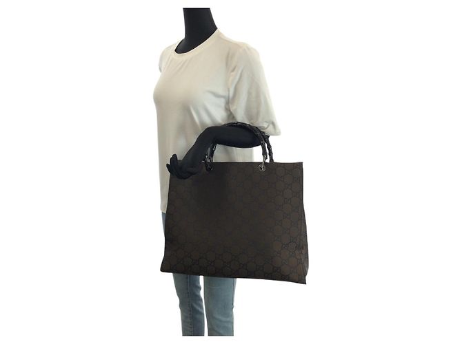 Borsa Tote Gucci Nylon Bamboo GG Marrone - vista 5
