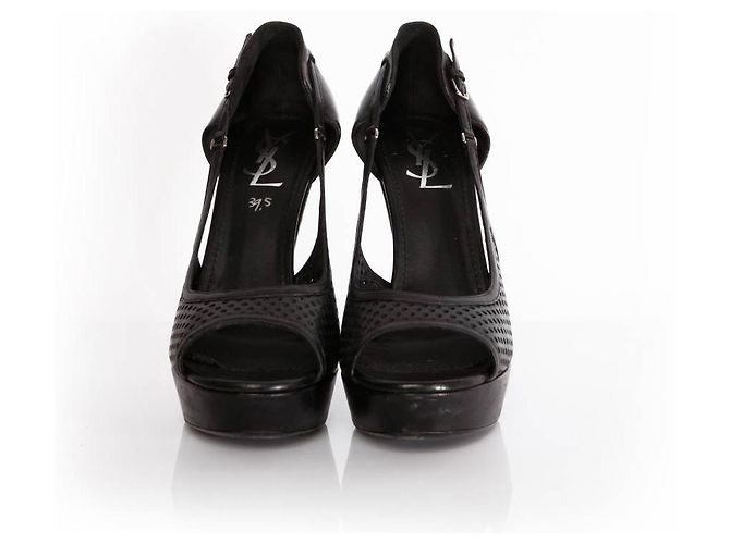 Yves Saint Laurent, décolleté in pelle traforata nera. Nero - vista 5