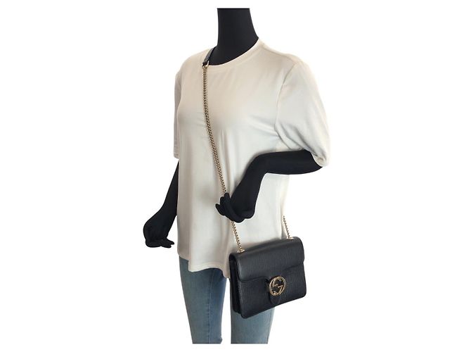 Borsa a tracolla Gucci in pelle con catena Interlocking G Nero - vista 7
