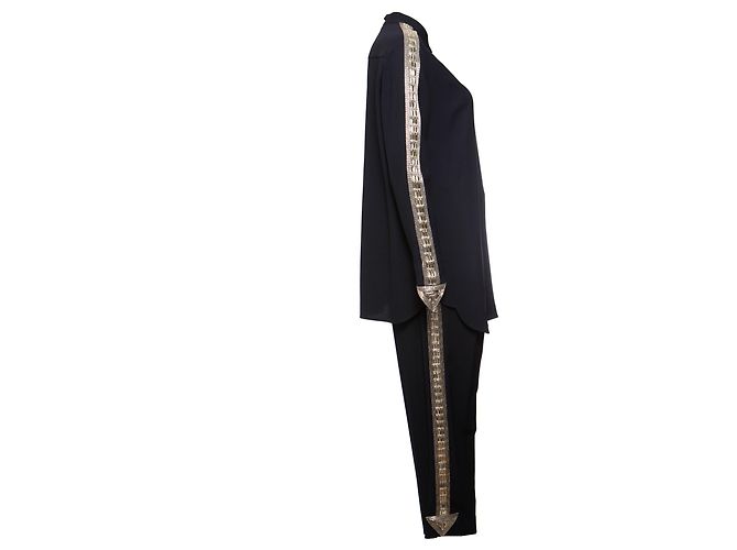 Chloé, pantaloni blu scuro (36/XS) e camicetta (38/S) con ricami argentati lungo le maniche e le gambe. Multicolore - vista 2