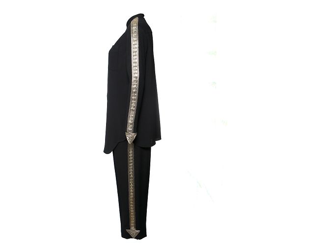 Chloé, pantaloni blu scuro (36/XS) e camicetta (38/S) con ricami argentati lungo le maniche e le gambe. Multicolore - vista 4