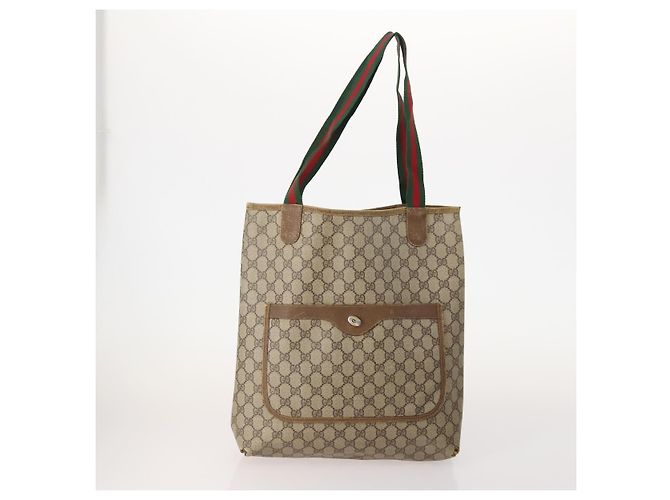 Borsa Tote GUCCI GG Supreme Web Sherry Line PVC 4 Set Beige Marrone Auth 178835 - vista 2