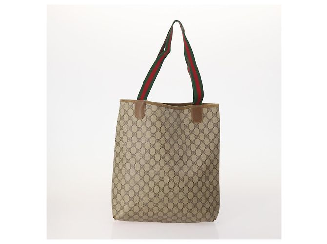 Borsa Tote GUCCI GG Supreme Web Sherry Line PVC 4 Set Beige Marrone Auth 178835 - vista 3