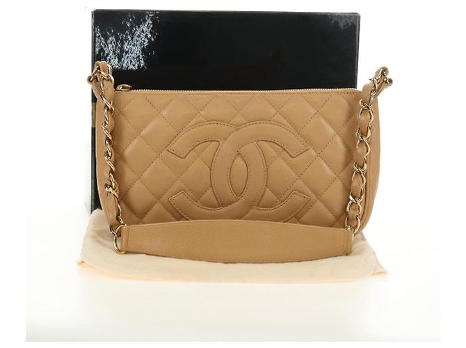 CHANEL Borsa a Spalla con Catena in Pelle Caviar Beige Oro CC Auth ka4405V D'oro - vista 12