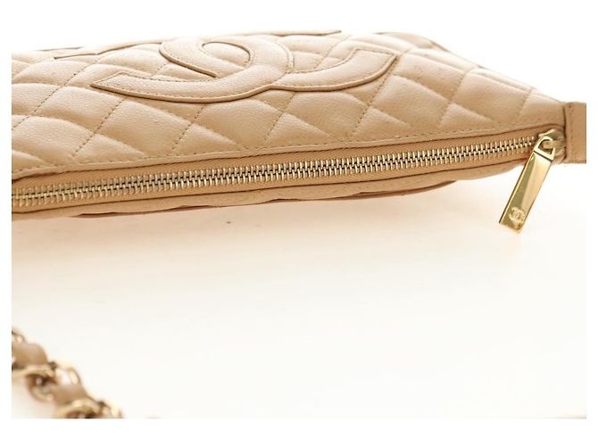 CHANEL Borsa a Spalla con Catena in Pelle Caviar Beige Oro CC Auth ka4405V D'oro - vista 14