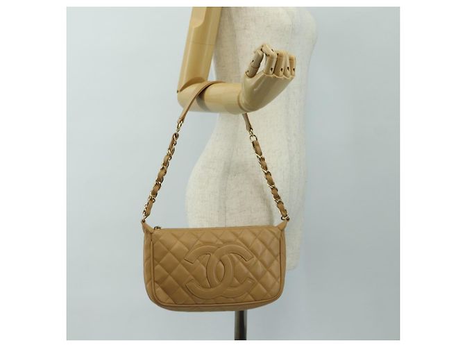 CHANEL Borsa a Spalla con Catena in Pelle Caviar Beige Oro CC Auth ka4405V D'oro - vista 29