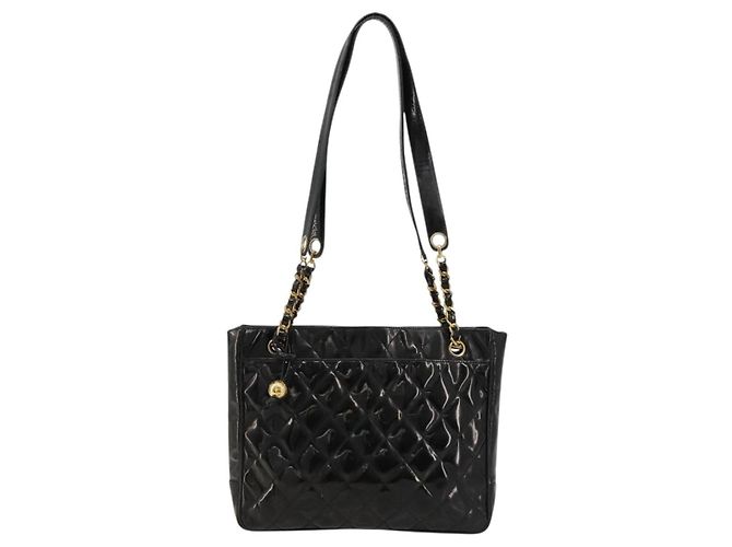 CHANEL Matelasse Chain Tote Bag Pelle Vernice Nero Oro CC Auth bs35172 D'oro - vista 13