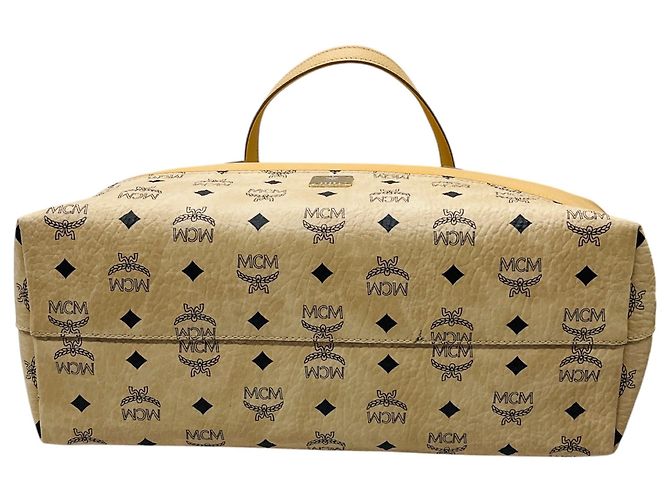 Borsa shopper tote MCM Wilder in pelle beige e pelle Visetos - vista 4