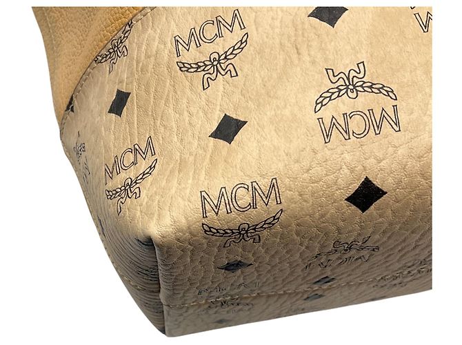 Borsa shopper tote MCM Wilder in pelle beige e pelle Visetos - vista 9
