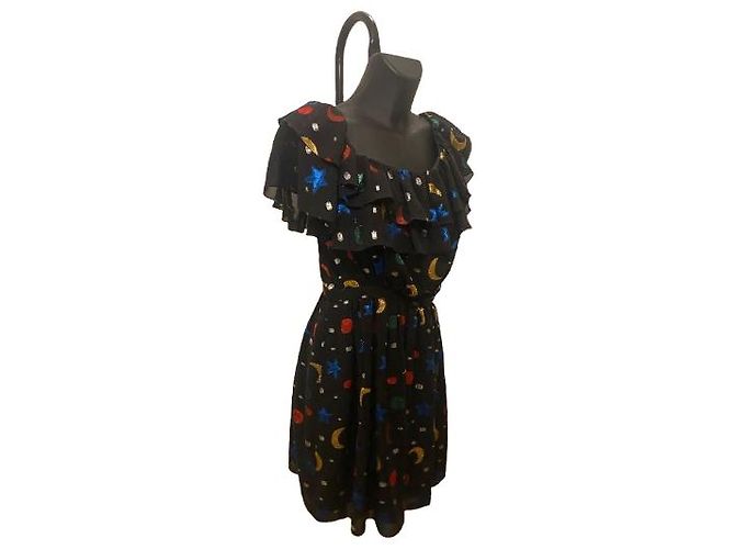 Schwarzes Seidenkleid von Saint Laurent mit Sternen- und Mondprint (2018) - Ansicht 2