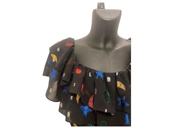 Schwarzes Seidenkleid von Saint Laurent mit Sternen- und Mondprint (2018) - Ansicht 3