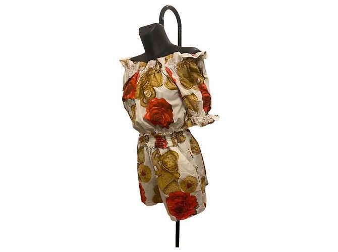 Mono de algodón con hombros descubiertos con estampado de flores y galletas blancas Dolce & Gabbana (S/S18) - vista 3