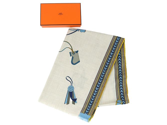 Hermès Sciarpa in seta e cashmere Bridles and Charms Hermes Blu Beige Giallo - vista 2