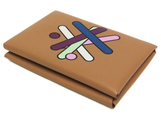 Hermès Tarjetero de piel Swift estampada Hermes Calvi Duo Multicolor Marrón claro - vista 2