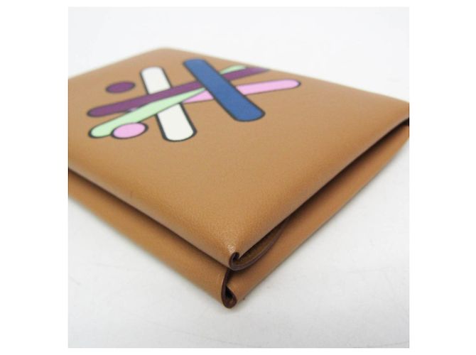 Hermès Tarjetero de piel Swift estampada Hermes Calvi Duo Multicolor Marrón claro - vista 7
