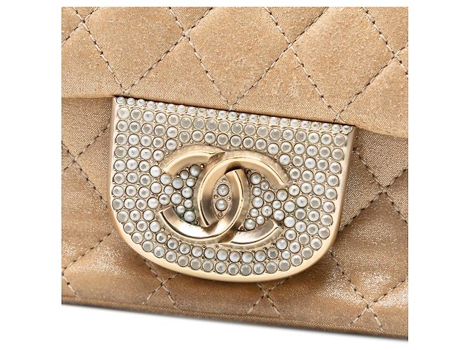 Chanel Gold Small Quilted Iridescent Lambskin Pearl CC Crystal Flap D'oro - vista 6