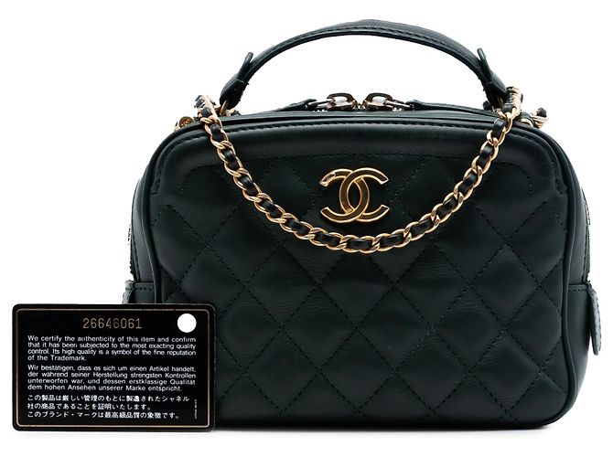 Vanity Beauty Case Chanel Green Small CC Quilted Calfskin Top Handle con Catena Verde Verde scuro - vista 7