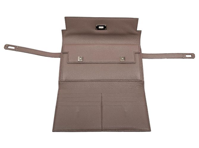 Cartera Kelly Longue Hermès en Chevre Mysore marrón Castaño Gris pardo - vista 7