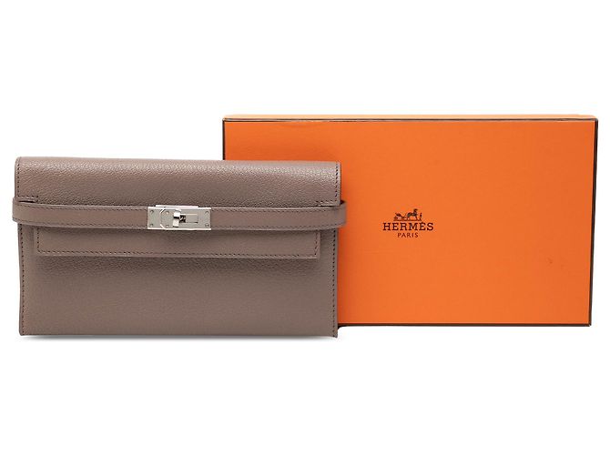 Cartera Kelly Longue Hermès en Chevre Mysore marrón Castaño Gris pardo - vista 9