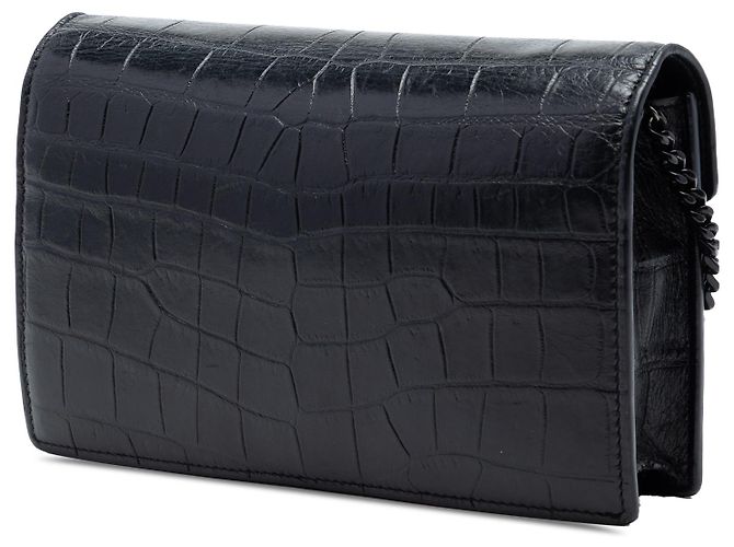 Saint Laurent Schwarzes Monogramm Monochrome Envelope Chain Wallet aus Leder mit Krokoprägung - Ansicht 2