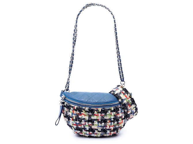 Borsa a tracolla convertibile in tweed blu e pelle di vitello trapuntata Chanel - vista 7