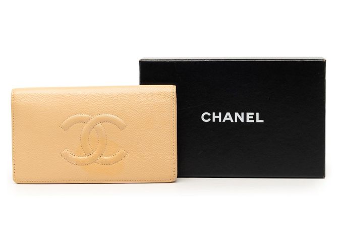Carteira longa dobrável Chanel Beige CC Caviar Bege - vista 8