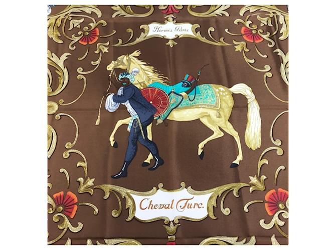 Hermès Sciarpa Carré 90 Hermes Cheval Turc Marrone - vista 2