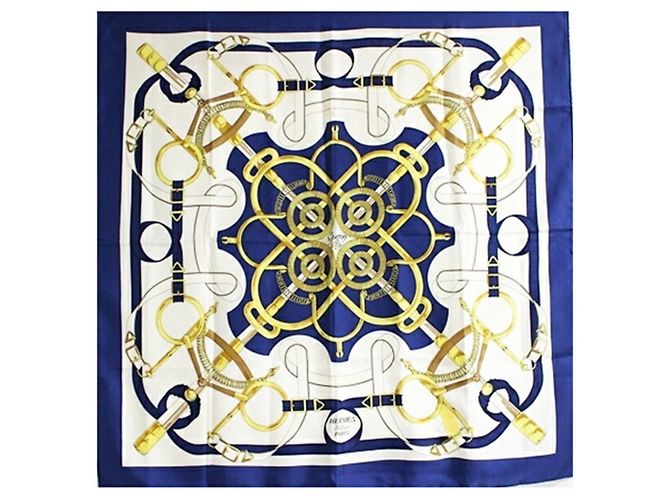 Hermès Sciarpa di seta Hermes Carré 90 EPERON D'OR Bianco Blu navy - vista 2