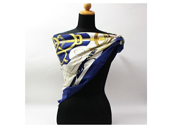 Hermès Sciarpa di seta Hermes Carré 90 EPERON D'OR Bianco Blu navy - vista 3