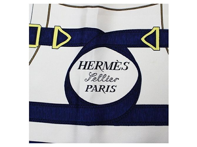 Hermès Sciarpa di seta Hermes Carré 90 EPERON D'OR Bianco Blu navy - vista 6