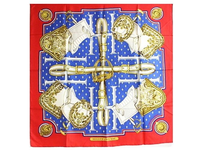 Hermès Sciarpa di Seta Hermes Muffler Carre 90 SELLES A HOUSSE Bianco Rosso Blu - vista 2