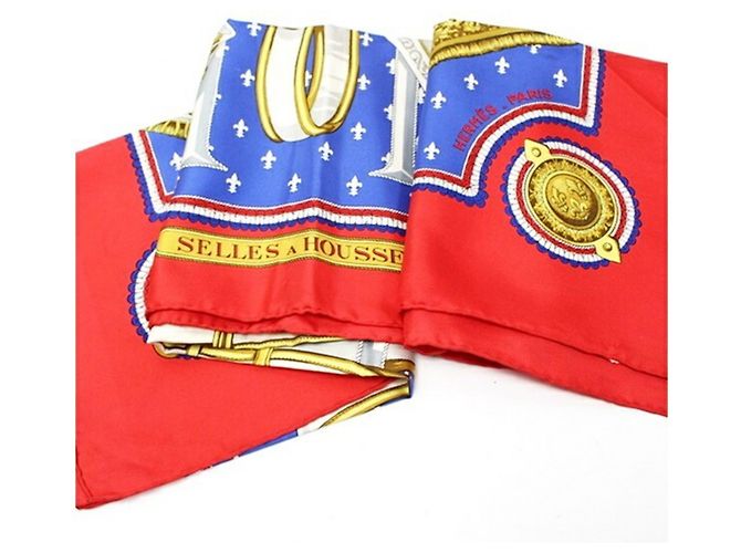 Hermès Sciarpa di Seta Hermes Muffler Carre 90 SELLES A HOUSSE Bianco Rosso Blu - vista 8