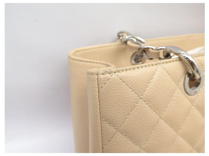 Borsa Chanel Shopping GM Logo CC in Pelle Caviar Beige & Palladio - vista 17