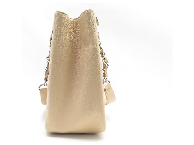 Borsa Chanel Shopping GM Logo CC in Pelle Caviar Beige & Palladio - vista 4