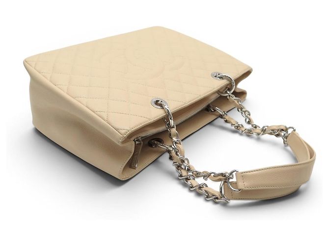 Borsa Chanel Shopping GM Logo CC in Pelle Caviar Beige & Palladio - vista 6
