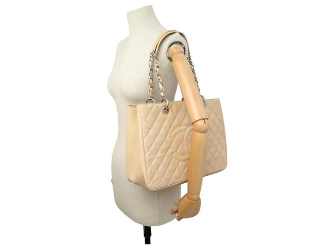 Borsa Chanel Shopping GM Logo CC in Pelle Caviar Beige & Palladio - vista 7