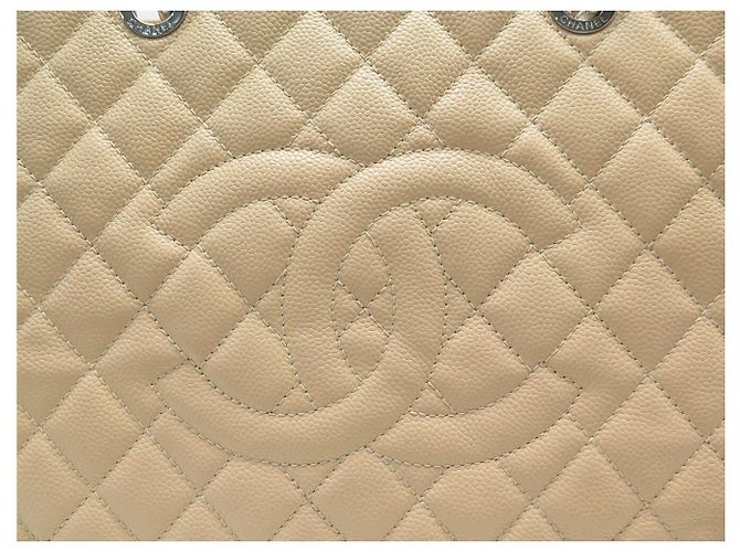 Borsa Chanel Shopping GM Logo CC in Pelle Caviar Beige & Palladio - vista 8