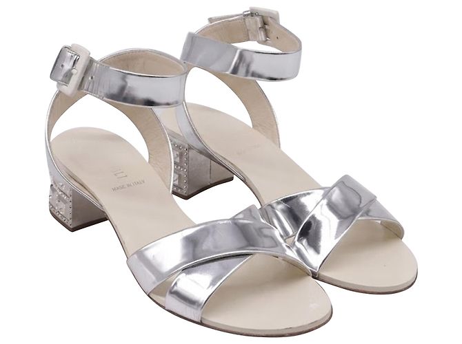 Sandali con tacco Miu Miu Crysta- Embellish in pelle vernice argento - vista 3