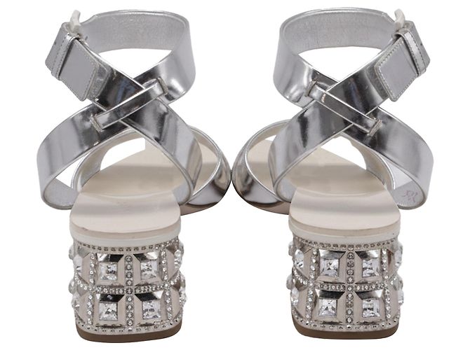 Sandali con tacco Miu Miu Crysta- Embellish in pelle vernice argento - vista 4