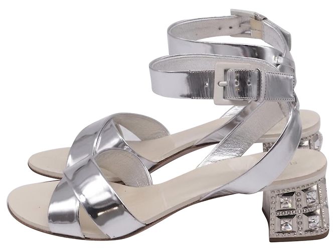 Sandali con tacco Miu Miu Crysta- Embellish in pelle vernice argento - vista 5