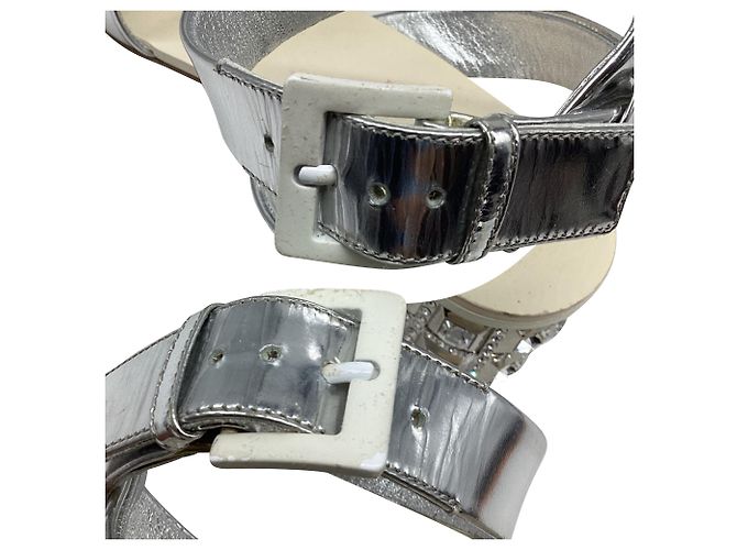 Sandali con tacco Miu Miu Crysta- Embellish in pelle vernice argento - vista 7