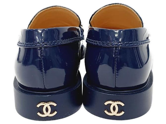Timeless Mocassini Chanel Shiny Logo in pelle di vitello lucida blu - vista 3