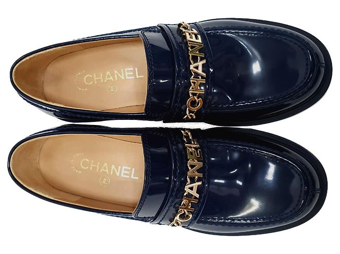 Timeless Mocassini Chanel Shiny Logo in pelle di vitello lucida blu - vista 5